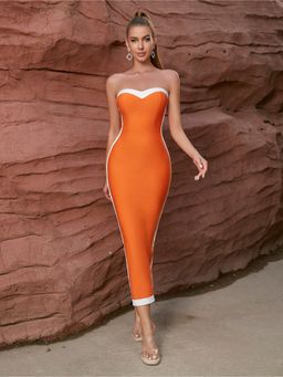 RARE - Women Orange Strapless/Tube Solid Maxi Dress