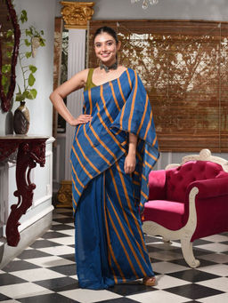 CHARUKRITI - Blue Cotton Handwoven Saree With Stripes with Unstitched Blouse Piece