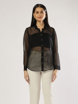 PEACH & PANDA - Black Georgette Shirt with Gather Details