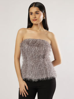PEACH & PANDA - Grey Off Shoulder Fur Top