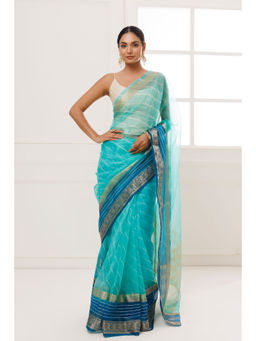 Geroo Jaipur - Turquoise Blue Organza Zari Embellished Hand Dyed Leheriya Saree with Unstitched Blouse