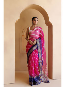 Geroo Jaipur - Pink Blue Organza Zari Embellished Hand Dyed Leheriya Saree with Unstitched Blouse