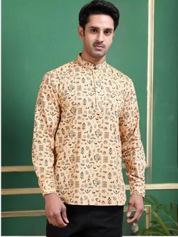 TATTVA - Men Beige Cotton Printed Mandarin Neck Kurta
