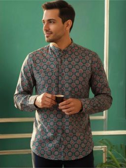 TATTVA - Men Green Cotton Printed Mandarin Neck Kurta