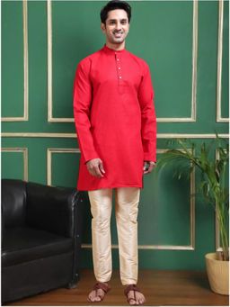 TATTVA - Men Red Cotton Solid Mandarin Neck Kurta