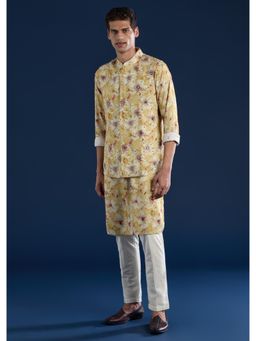 KALKI FASHION - Men Yellow Silk Textured Mandarin Neck Jacket and Kurta with Pant