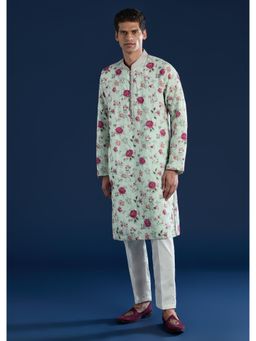 KALKI FASHION - Men Green Linen Embellished Mandarin Neck Kurta with Pant
