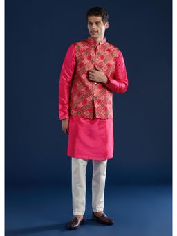 KALKI FASHION - Men Pink Silk Embellished Mandarin Neck Jacket and Kurta with Pant