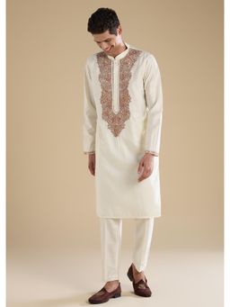 KALKI FASHION - Men Off White Chanderi Embroidered Mandarin Neck Kurta with Pant