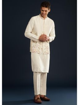 KALKI FASHION - Men Ivory Silk Embroidered Mandarin Neck Jacket and Kurta with Pant