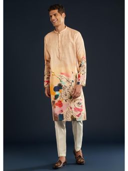 KALKI FASHION - Men Peach Silk Printed Mandarin Neck Kurta with Pant