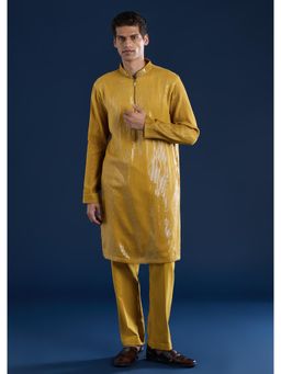 KALKI FASHION - Men Yellow Sequin Embellished Mandarin Neck Kurta with Pant