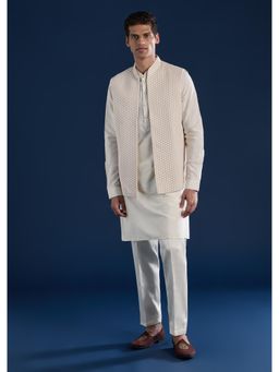 KALKI FASHION - Men Cream Silk Embroidered Mandarin Neck Jacket and Kurta with Pant