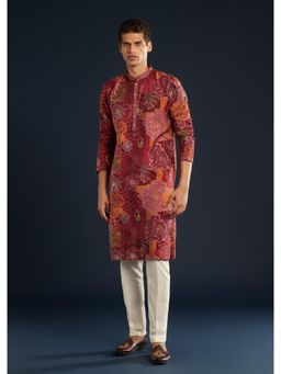 KALKI FASHION - Men Red Silk Floral Mandarin Neck Kurta with Pant