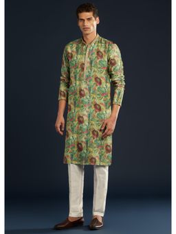 KALKI FASHION - Men Green Silk Printed Mandarin Neck Kurta with Pant