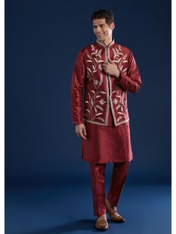 KALKI FASHION - Men Red Silk Mirror Work Mandarin Neck Jacket and Kurta with Pant