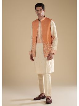 KALKI FASHION - Men Orange Silk Mirror Work Mandarin Neck Jacket and Kurta with Pant