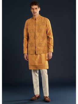 KALKI FASHION - Men Mustard Chanderi Embellished Mandarin Neck Jacket and Kurta with Pant