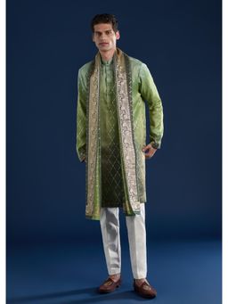 KALKI FASHION - Men Green Silk Self Design Mandarin Neck Kurta and Dupatta with Pant