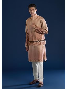 KALKI FASHION - Men Beige Velvet Printed Mandarin Neck Jacket and Kurta with Pant