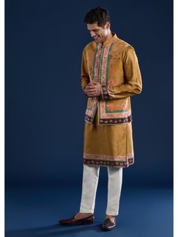 KALKI FASHION - Men Yellow Velvet Printed Mandarin Neck Jacket and Kurta with Pant