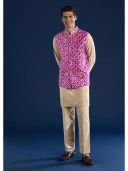 KALKI FASHION - Men Purple Silk Textured Mandarin Neck Jacket and Kurta with Pant