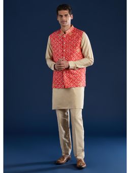 KALKI FASHION - Men Red Silk Printed Mandarin Neck Jacket and Kurta with Pant