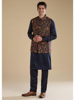 KALKI FASHION - Men Blue Silk Self Design Mandarin Neck Jacket and Kurta with Pant