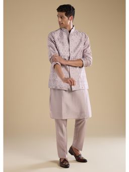 KALKI FASHION - Men Mauve Silk Mirror Work Mandarin Neck Jacket and Kurta with Pant