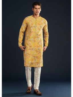 KALKI FASHION - Men Yellow Silk Printed Mandarin Neck Kurta with Pant