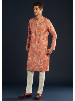 KALKI FASHION - Men Orange Silk Printed Mandarin Neck Kurta with Pant