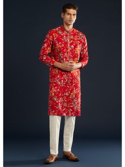 KALKI FASHION - Men Red Silk Printed Mandarin Neck Kurta with Pant