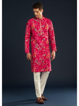 KALKI FASHION - Men Pink Silk Floral Mandarin Neck Kurta with Pant