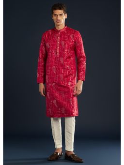 KALKI FASHION - Men Red Silk Embroidered Mandarin Neck Kurta with Pant