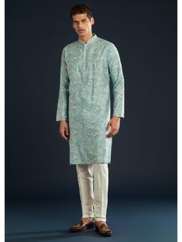 KALKI FASHION - Men Blue Silk Floral Mandarin Neck Kurta with Pant