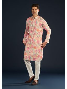 KALKI FASHION - Men Multi-Color Silk Printed Mandarin Neck Kurta with Pant