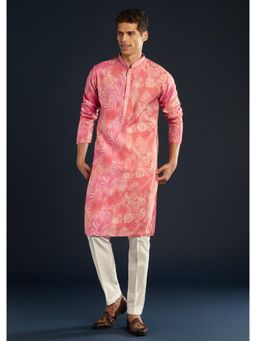KALKI FASHION - Men Pink Silk Printed Mandarin Neck Kurta with Pant
