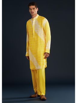 KALKI FASHION - Men Yellow Modal Printed Mandarin Neck Kurta with Pant