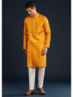 KALKI FASHION - Men Mustard Silk Embroidered Mandarin Neck Kurta with Pant