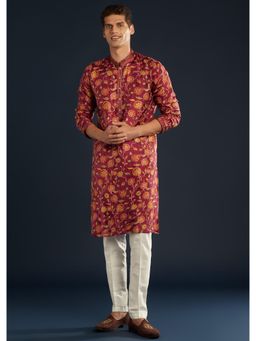 KALKI FASHION - Men Red Silk Printed Mandarin Neck Kurta with Pant