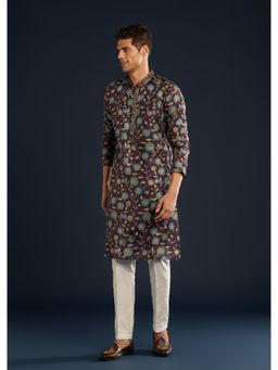KALKI FASHION - Men Purple Silk Printed Mandarin Neck Kurta with Pant