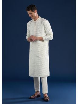 KALKI FASHION - Men White Jacquard Textured Mandarin Neck Kurta with Pant