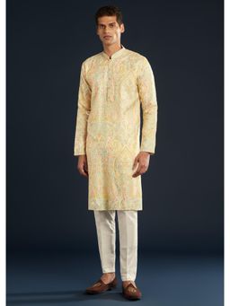 KALKI FASHION - Men Cream Silk Embroidered Mandarin Neck Kurta with Pant