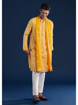 KALKI FASHION - Men Yellow Silk Self Design Mandarin Neck Kurta and Dupatta with Pant