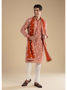 KALKI FASHION - Men Rust Silk Embroidered Mandarin Neck Kurta and Dupatta with Pant