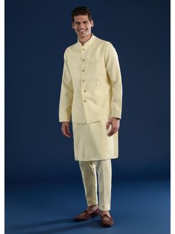 KALKI FASHION - Men Yellow Silk Mirror Work Mandarin Neck Jacket and Kurta with Pant
