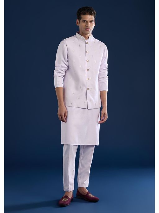 KALKI FASHION Men Mauve Silk Mirror Work Mandarin Neck Jacket and Kurta with Pant