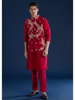 KALKI FASHION - Men Red Silk Mirror Work Mandarin Neck Jacket and Kurta with Pant