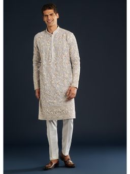 KALKI FASHION - Men Mauve Silk Embroidered Mandarin Neck Kurta with Pant