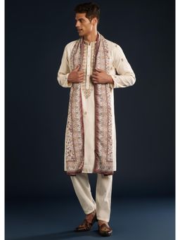KALKI FASHION - Men Cream Silk Printed Mandarin Neck Kurta and Dupatta with Pant